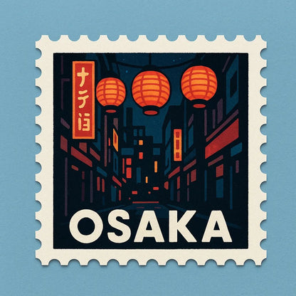 Example output from the Mid-Century Travel Postage Stamp ChatGPT prompt: Osaka