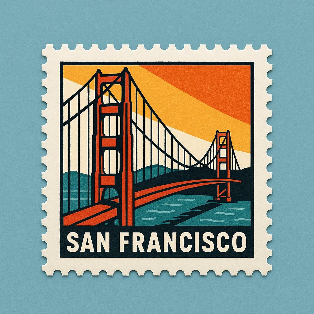 Example output from the Mid-Century Travel Postage Stamp ChatGPT prompt: San Francisco