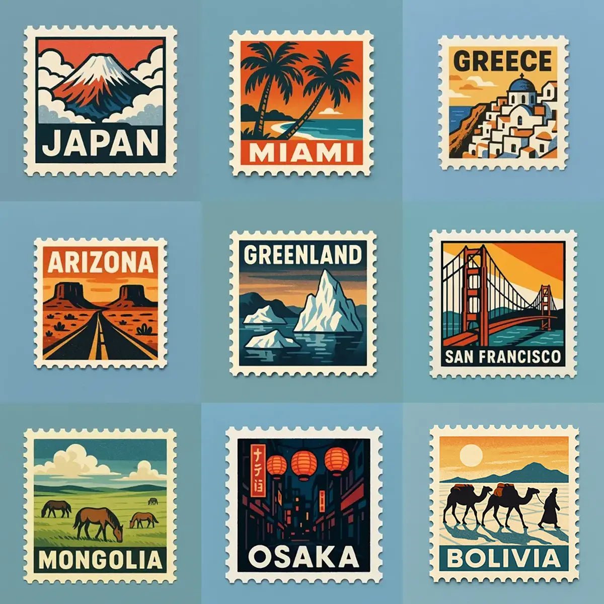 Example output from the Mid-Century Travel Postage Stamp ChatGPT prompt: nine retro postage stamp illustrations featuring global destinations with bold colors, clean geometry, and classic mid-century typography.