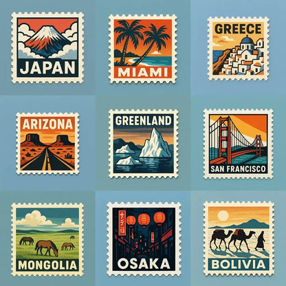 Example output from the Mid-Century Travel Postage Stamp ChatGPT prompt: nine retro postage stamp illustrations featuring global destinations with bold colors, clean geometry, and classic mid-century typography.
