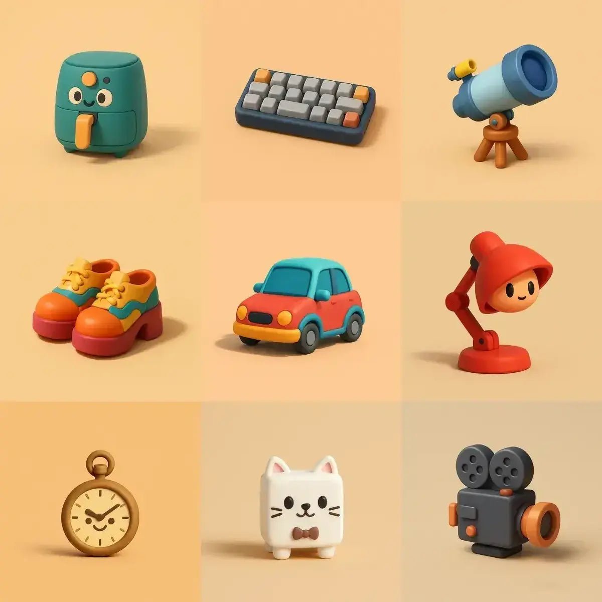 Example output from the Mini 3D Cartoon Product Icons ChatGPT prompt: tiny cartoon-style toy icons with matte plastic finish, featuring centered compositions and soft shadows—ideal for UI assets, branding, or collectibles.
