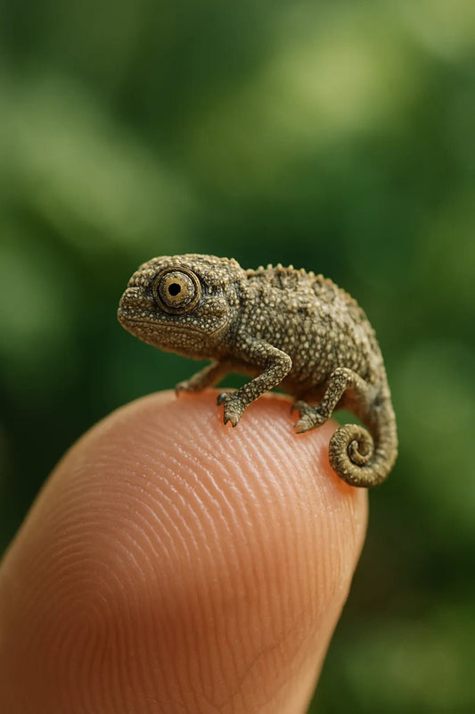 Example output from the Miniature Animal Macro Portraits ChatGPT prompt: ultra-miniature animal perched on finger. Chameleon. 