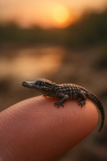 Example output from the Miniature Animal Macro Portraits ChatGPT prompt: ultra-miniature animal perched on finger. Crocodille.