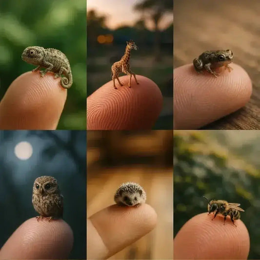 Example output from the Miniature Animal Macro Portraits ChatGPT prompt: ultra-miniature animals perched on fingers, captured with cinematic macro depth, soft-focus backgrounds, and fingertip-level photorealism for surreal visuals.