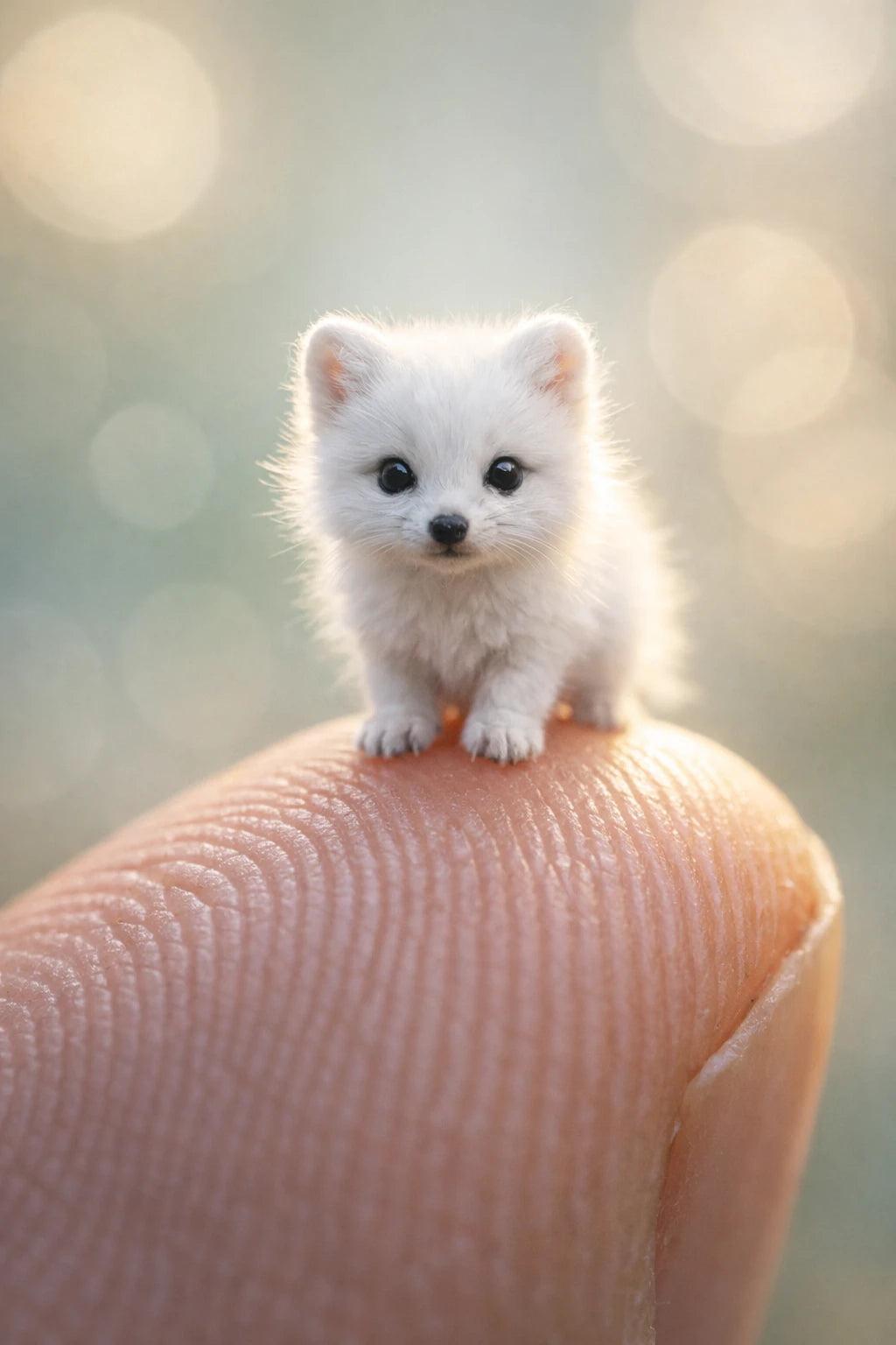 Ultra-macro portrait of tiny realistic animal standing on a human fingertip with soft pastel bokeh background: Artic Fox