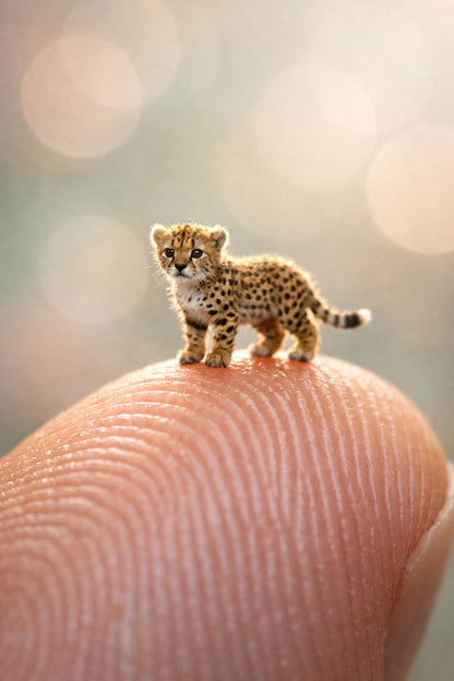 Ultra-macro portrait of tiny realistic animal standing on a human fingertip with soft pastel bokeh background: Cheetah