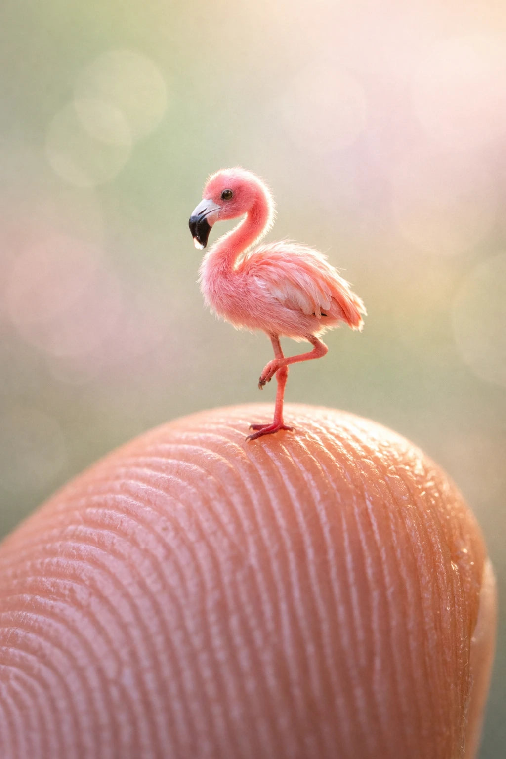 Ultra-macro portrait of tiny realistic animal standing on a human fingertip with soft pastel bokeh background: Flamingo