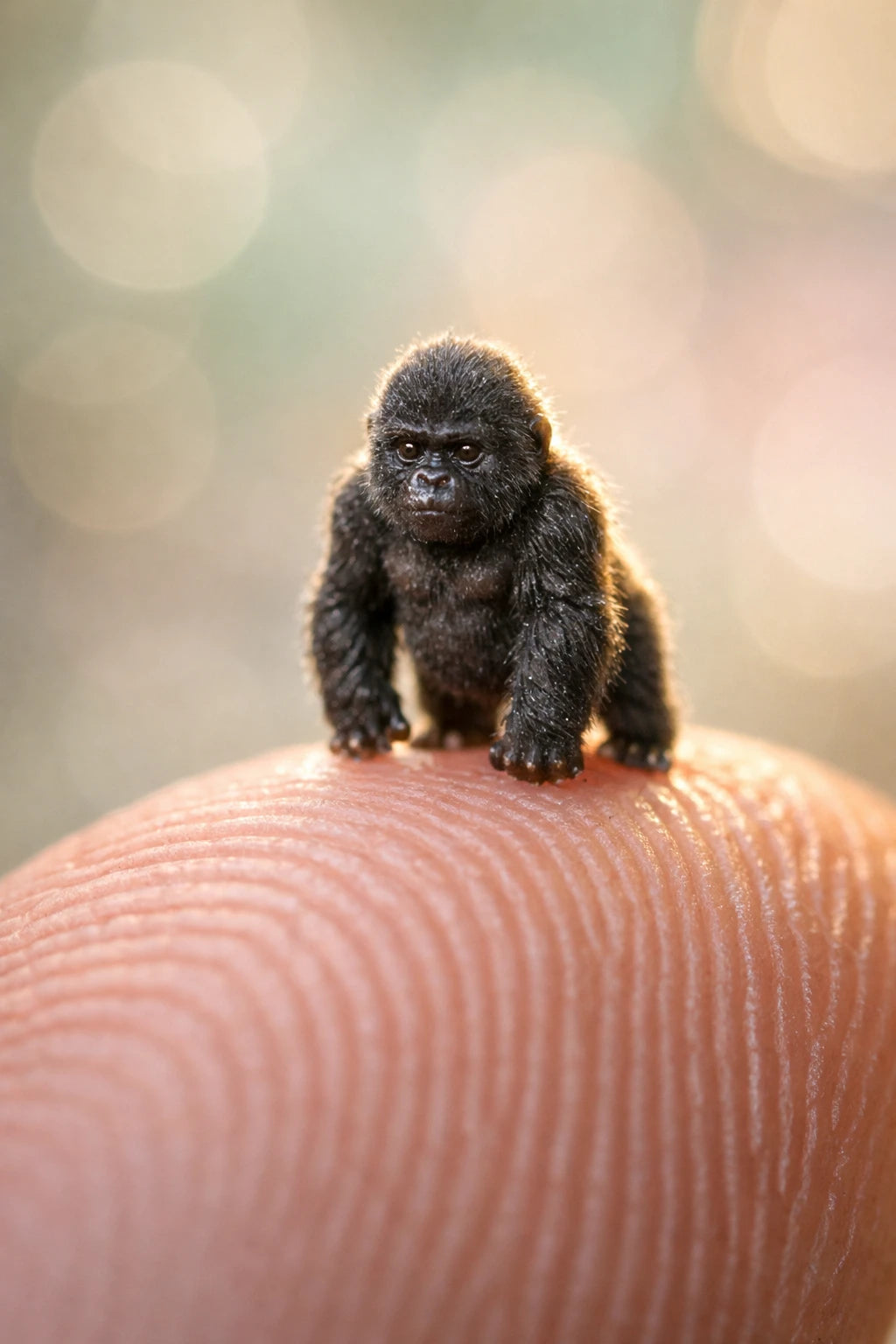 Ultra-macro portrait of tiny realistic animal standing on a human fingertip with soft pastel bokeh background: Gorilla