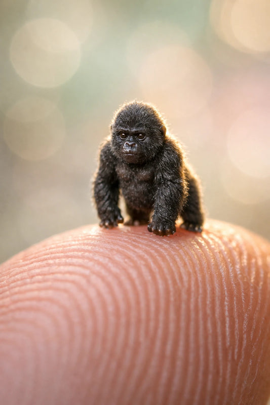 Ultra-macro portrait of tiny realistic animal standing on a human fingertip with soft pastel bokeh background: Gorilla