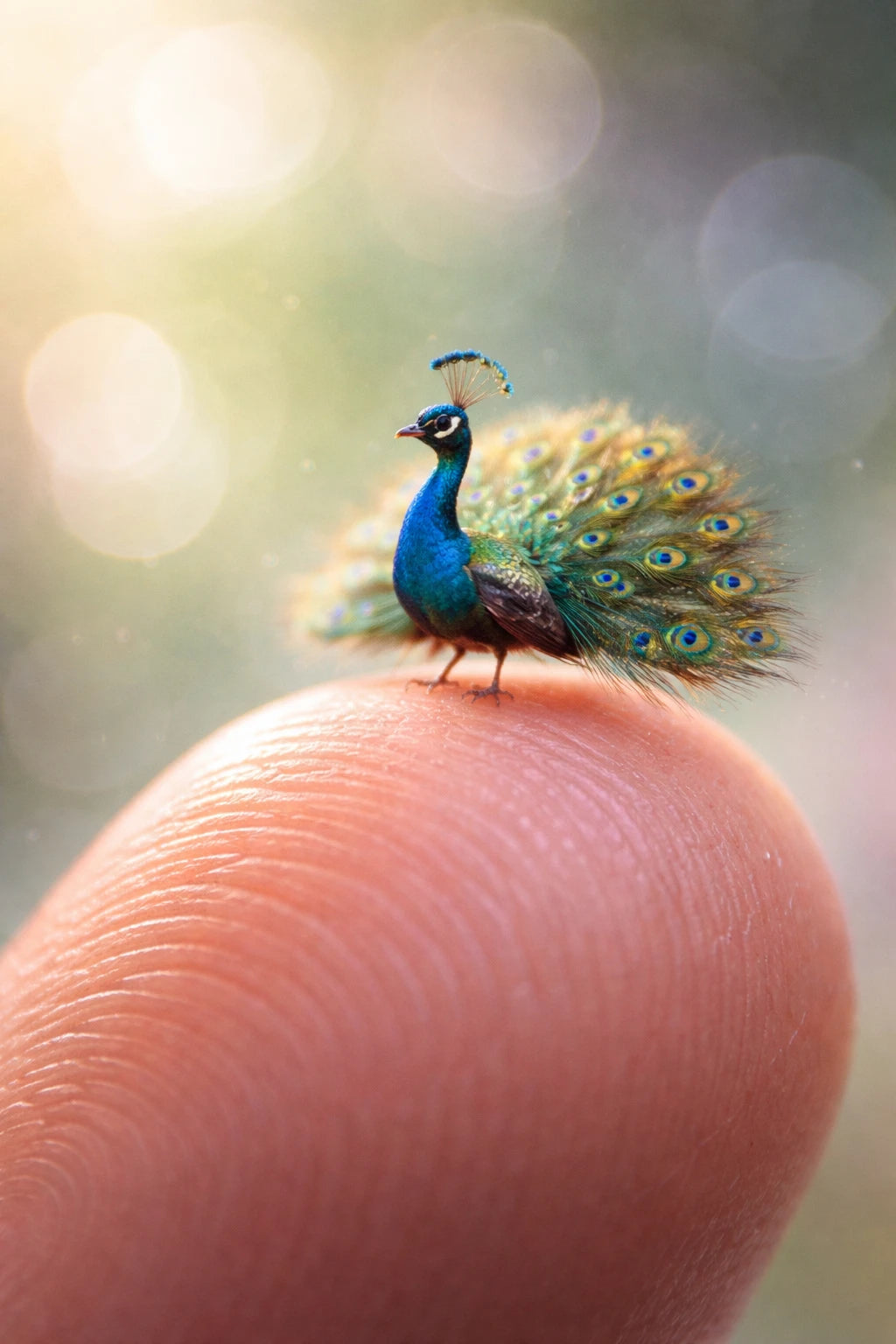 Ultra-macro portrait of tiny realistic animal standing on a human fingertip with soft pastel bokeh background: Peacook