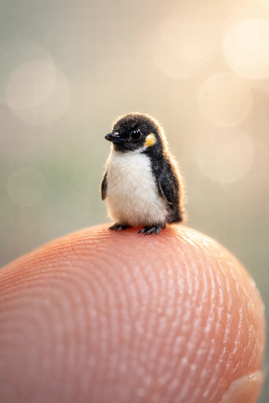 Ultra-macro portrait of tiny realistic animal standing on a human fingertip with soft pastel bokeh background: Penguin
