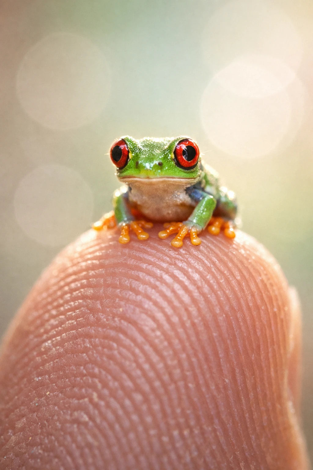 Ultra-macro portrait of tiny realistic animal standing on a human fingertip with soft pastel bokeh background: Red eye frog