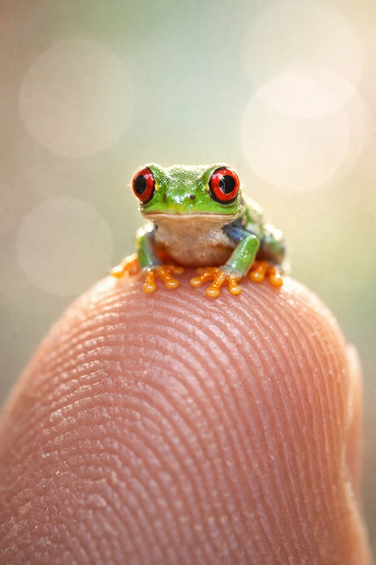 Ultra-macro portrait of tiny realistic animal standing on a human fingertip with soft pastel bokeh background: Red eye frog