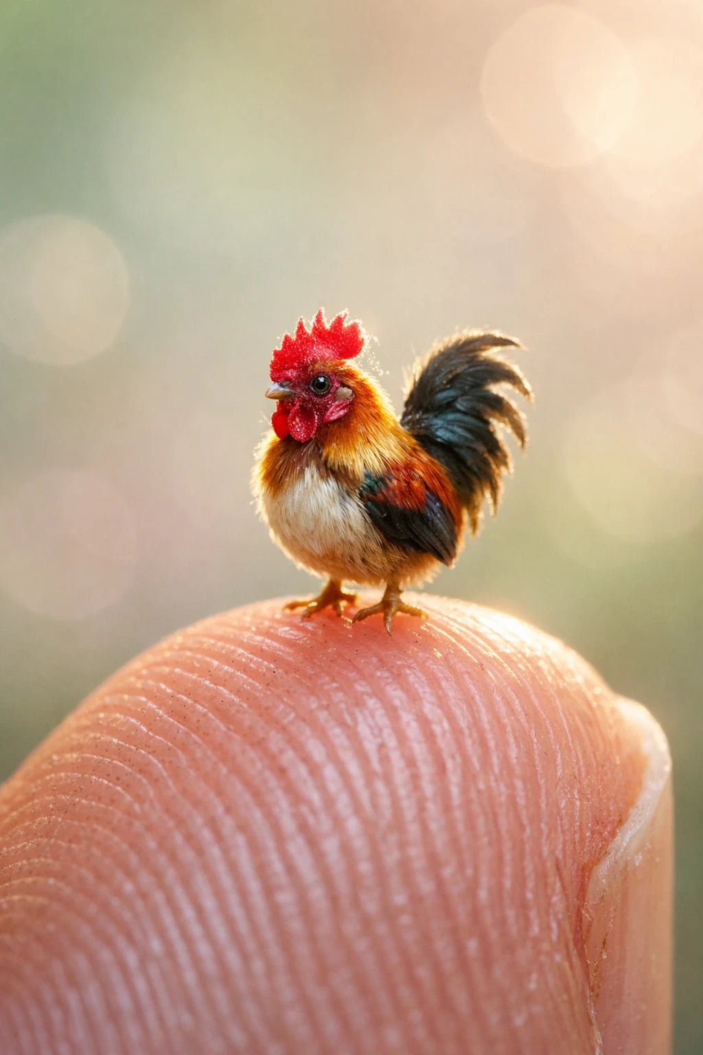 Ultra-macro portrait of tiny realistic animal standing on a human fingertip with soft pastel bokeh background: Rooster