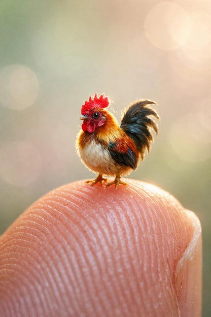 Ultra-macro portrait of tiny realistic animal standing on a human fingertip with soft pastel bokeh background: Rooster