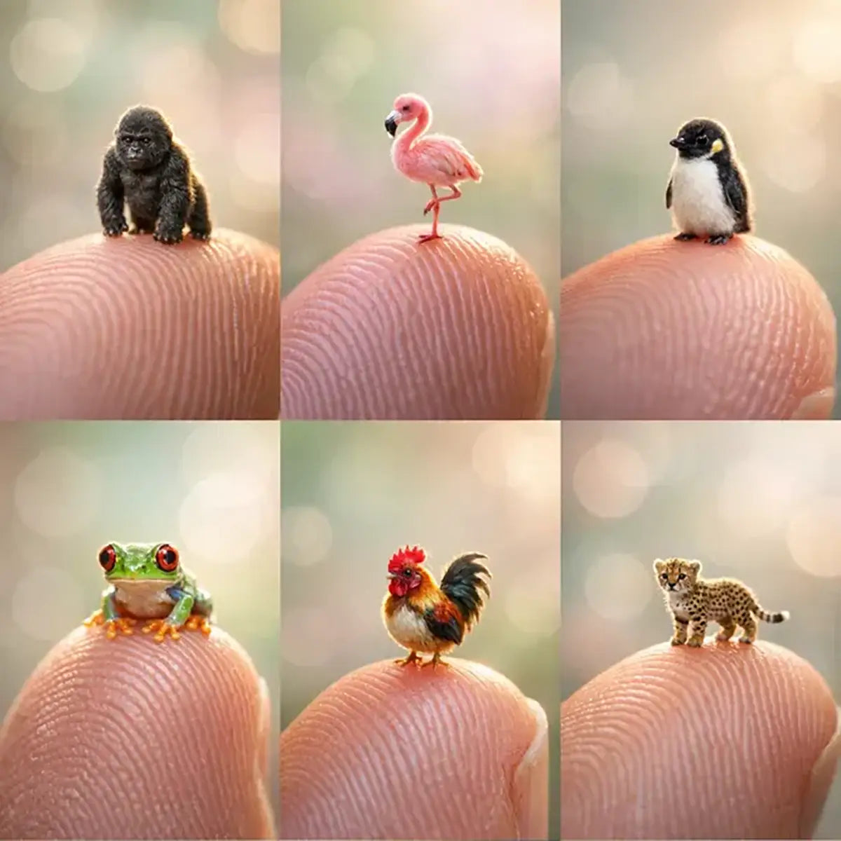 Ultra-macro portraits of tiny realistic animals including a gorilla, flamingo, penguin, frog, rooster, and cheetah cub standing on a human fingertip with soft pastel bokeh background.