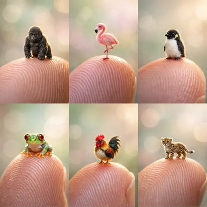 Ultra-macro portraits of tiny realistic animals including a gorilla, flamingo, penguin, frog, rooster, and cheetah cub standing on a human fingertip with soft pastel bokeh background.