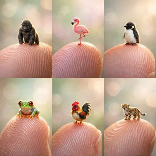 Ultra-macro portraits of tiny realistic animals including a gorilla, flamingo, penguin, frog, rooster, and cheetah cub standing on a human fingertip with soft pastel bokeh background.