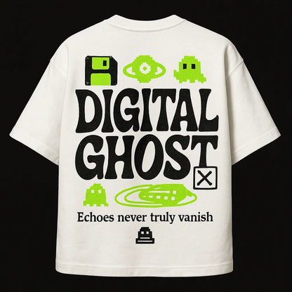 Example output from the Minimal Concept T Shirt Back Prints ChatGPT prompt: premium flat-lay T-shirt mockups with bold centered quotes, minimalist concept icons, vivid highlights, and high-resolution fabric texture rendering. Digital Ghost.