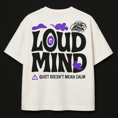 Example output from the Minimal Concept T Shirt Back Prints ChatGPT prompt: premium flat-lay T-shirt mockups with bold centered quotes, minimalist concept icons, vivid highlights, and high-resolution fabric texture rendering. Loud Mind.