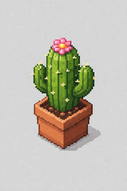 Example output from the Minimal Isometric 8bit Pixel Icons ChatGPT prompt: an isometric pixel-art flowering cactus in a terracotta pot on a light grey background.