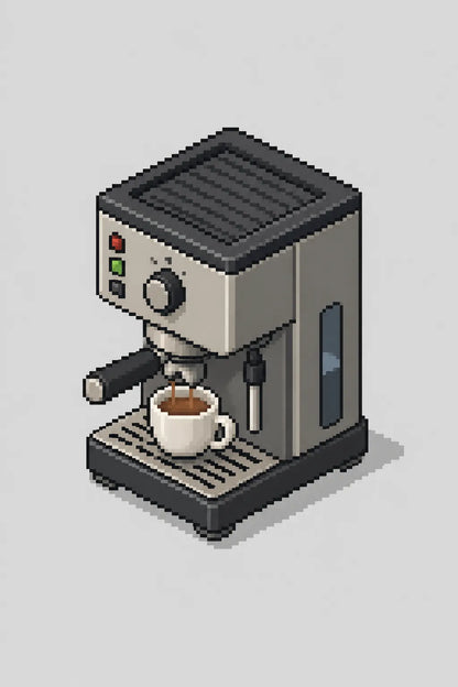 Example output from the Minimal Isometric 8bit Pixel Icons ChatGPT prompt: an isometric pixel-art espresso machine pouring a cup of coffee on a light grey background.