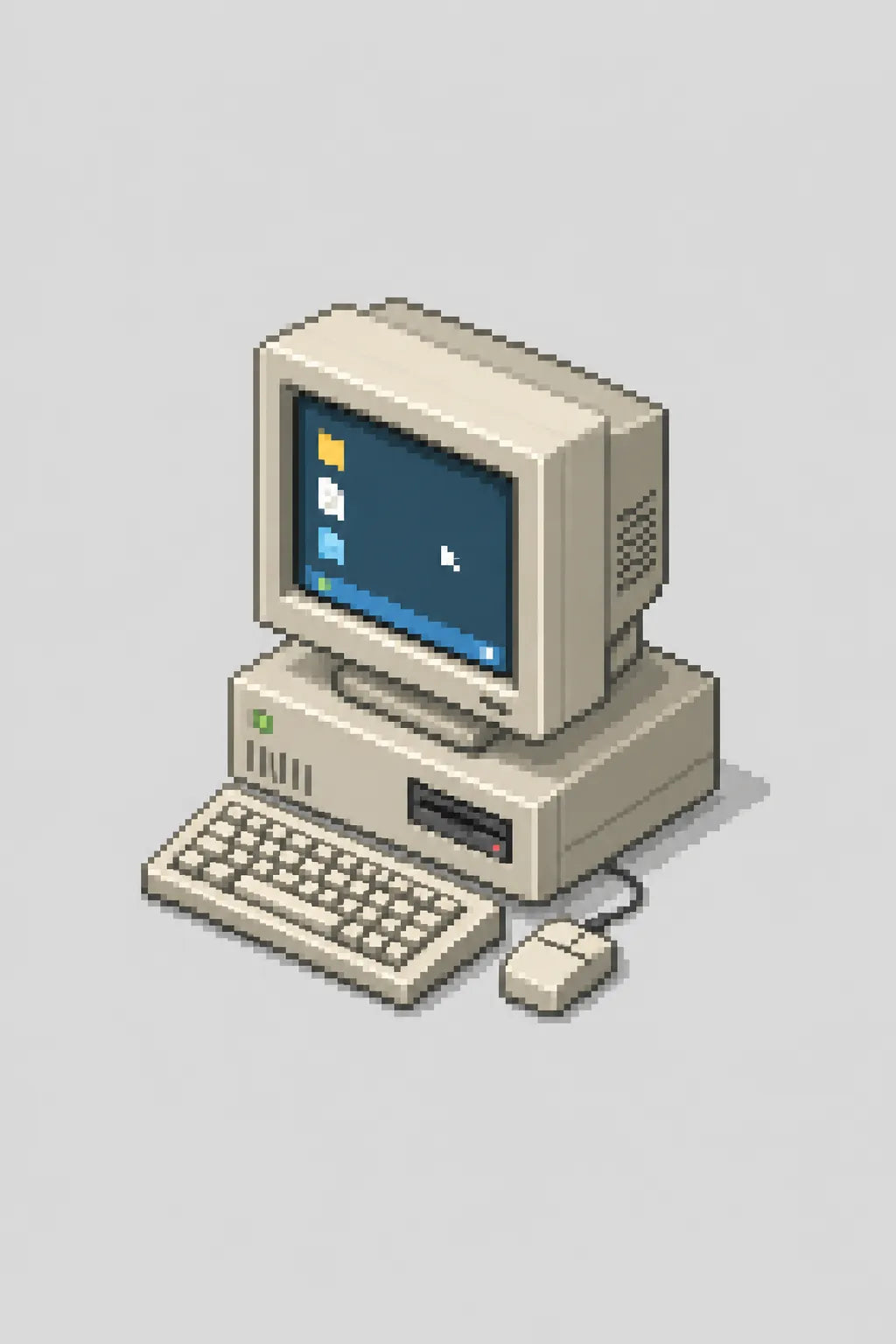 Example output from the Minimal Isometric 8bit Pixel Icons ChatGPT prompt: an isometric pixel-art retro computer with keyboard and mouse on a light grey background.