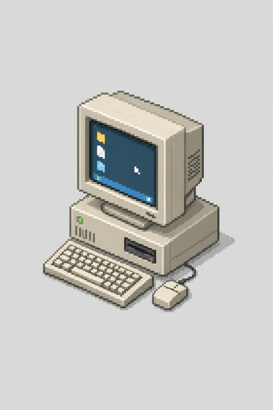 Example output from the Minimal Isometric 8bit Pixel Icons ChatGPT prompt: an isometric pixel-art retro computer with keyboard and mouse on a light grey background.