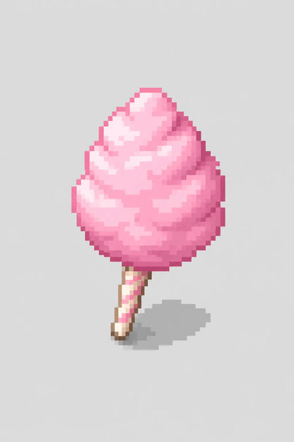 Example output from the Minimal Isometric 8bit Pixel Icons ChatGPT prompt: an isometric pixel-art cotton candy icon with clean composition and controlled lighting on a light grey background.