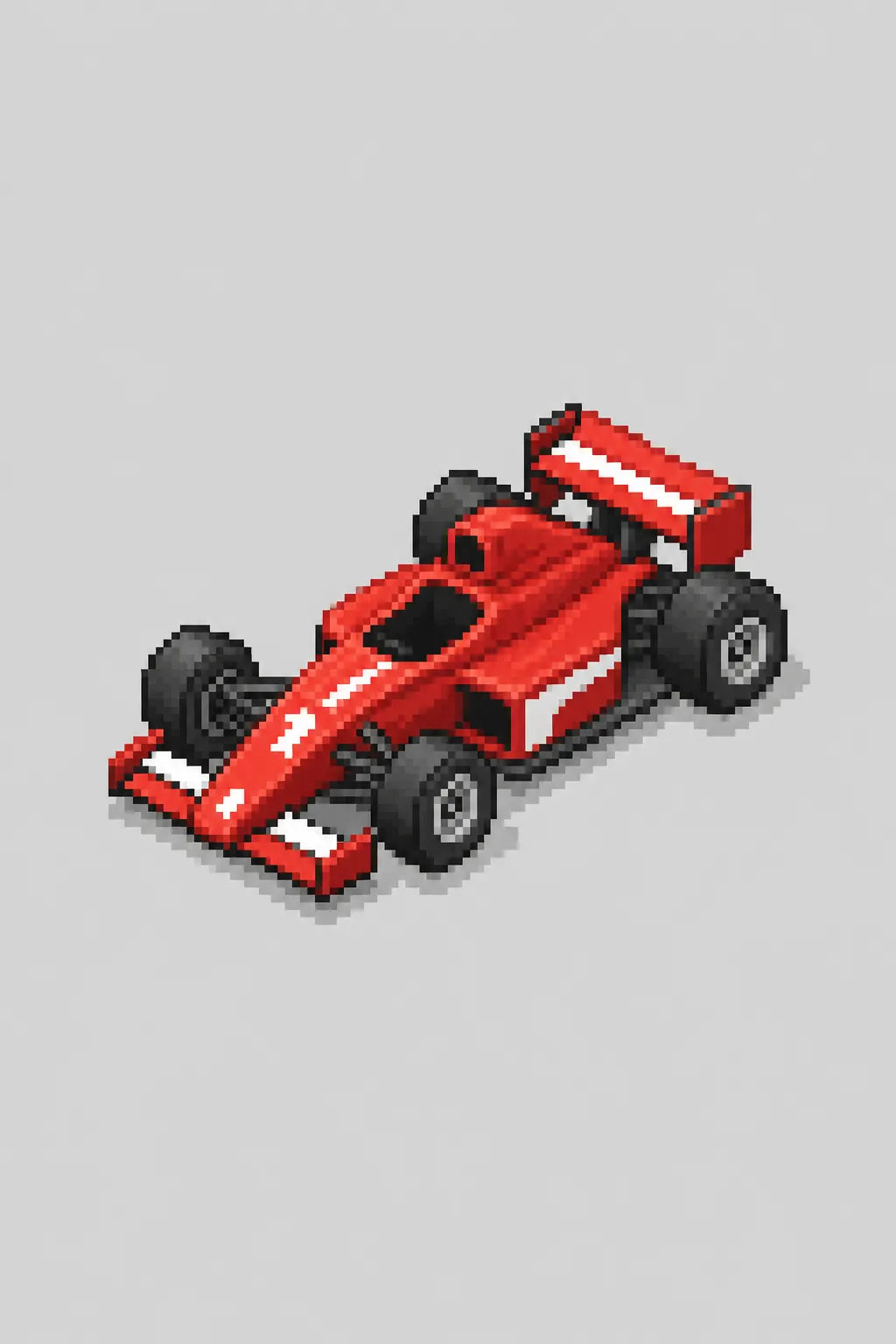 Example output from the Minimal Isometric 8bit Pixel Icons ChatGPT prompt: an isometric pixel-art red Formula 1 race car on a light grey background.