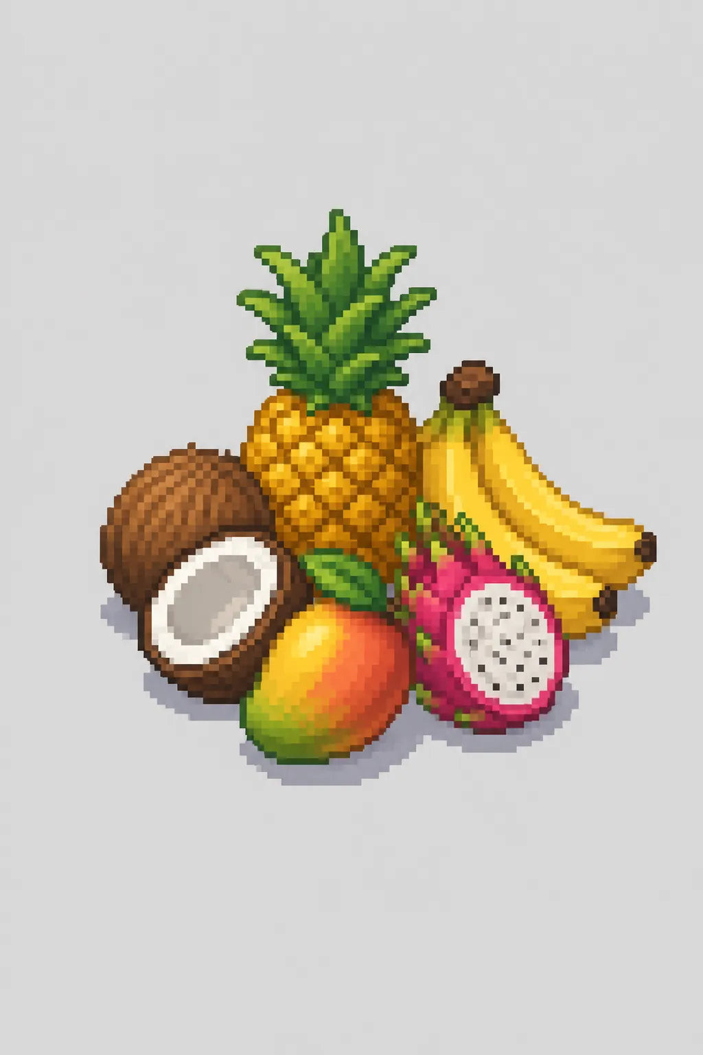 Example output from the Minimal Isometric 8bit Pixel Icons ChatGPT prompt: an isometric pixel-art pile of tropical fruit including pineapple, banana, coconut, mango and dragon fruit.