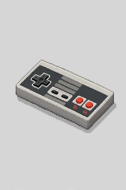 Example output from the Minimal Isometric 8bit Pixel Icons ChatGPT prompt: an isometric pixel-art game controller icon with clean composition and controlled lighting on a light grey background.