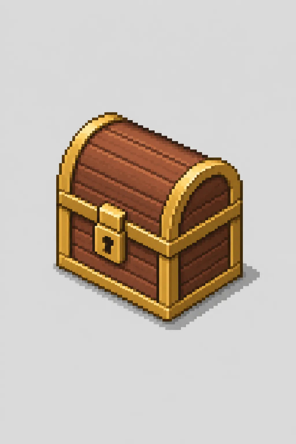 Example output from the Minimal Isometric 8bit Pixel Icons ChatGPT prompt: an isometric pixel-art wooden treasure chest with gold trim on a light grey background.