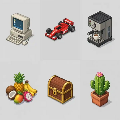 Example output from the Minimal Isometric 8bit Pixel Icons ChatGPT prompt: a six-icon grid of isometric pixel-art objects on a light grey background, showing a retro computer, Formula 1 car, espresso machine, tropical fruit pile, treasure chest and potted cactus.