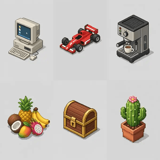 Example output from the Minimal Isometric 8bit Pixel Icons ChatGPT prompt: a six-icon grid of isometric pixel-art objects on a light grey background, showing a retro computer, Formula 1 car, espresso machine, tropical fruit pile, treasure chest and potted cactus.
