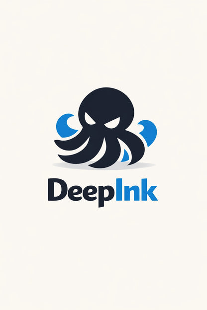 Example output from the Minimal Mascot Logo Designs ChatGPT prompt: a DeepInk logo with a flat navy octopus mascot and blue ink swirls above a two-tone wordmark.