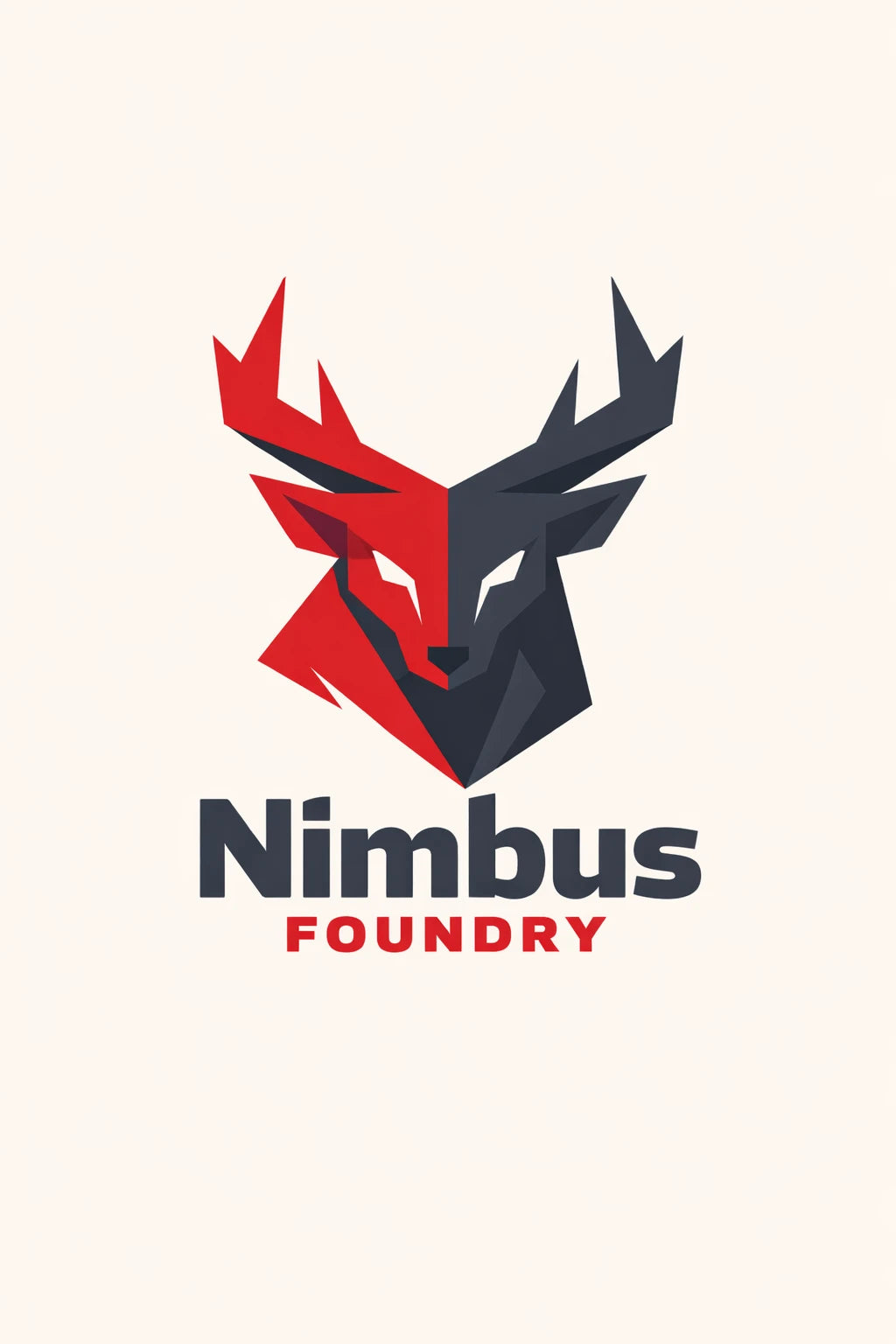Example output from the Minimal Mascot Logo Designs ChatGPT prompt: a Nimbus Foundry logo with a stag head split into red and charcoal halves above a bold wordmark.
