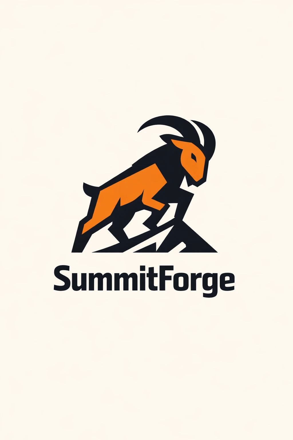 Example output from the Minimal Mascot Logo Designs ChatGPT prompt: a SummitForge logo with an orange and navy mountain goat leaping over a peak above a bold wordmark.