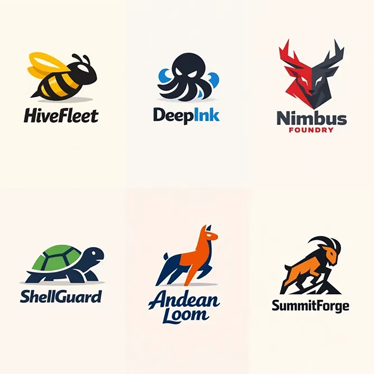 Example output from the Minimal Mascot Logo Designs ChatGPT prompt: a six-logo grid of flat two-tone mascot marks with wordmarks, showing a bee, octopus, stag, turtle, llama and mountain goat in navy, yellow, blue, red, green and orange.