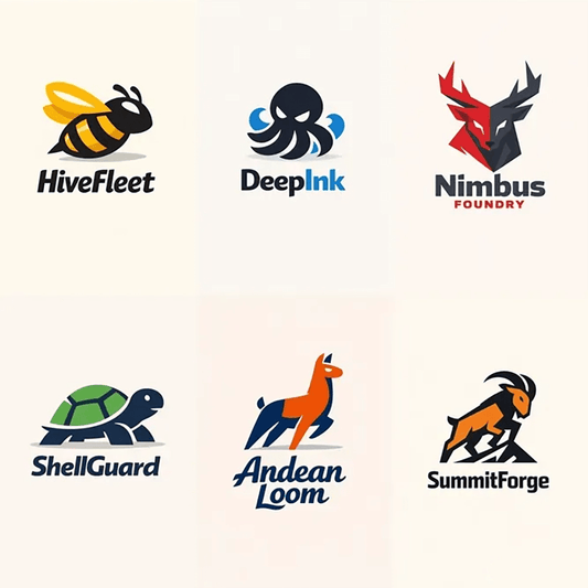 Example output from the Minimal Mascot Logo Designs ChatGPT prompt: a six-logo grid of flat two-tone mascot marks with wordmarks, showing a bee, octopus, stag, turtle, llama and mountain goat in navy, yellow, blue, red, green and orange.