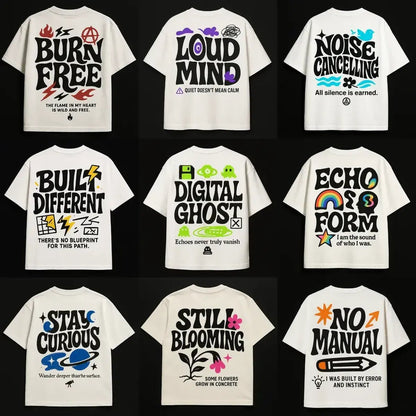Example output from the Minimal Concept T Shirt Back Prints ChatGPT prompt: premium flat-lay T-shirt mockups with bold centered quotes, minimalist concept icons, vivid highlights, and high-resolution fabric texture rendering.
