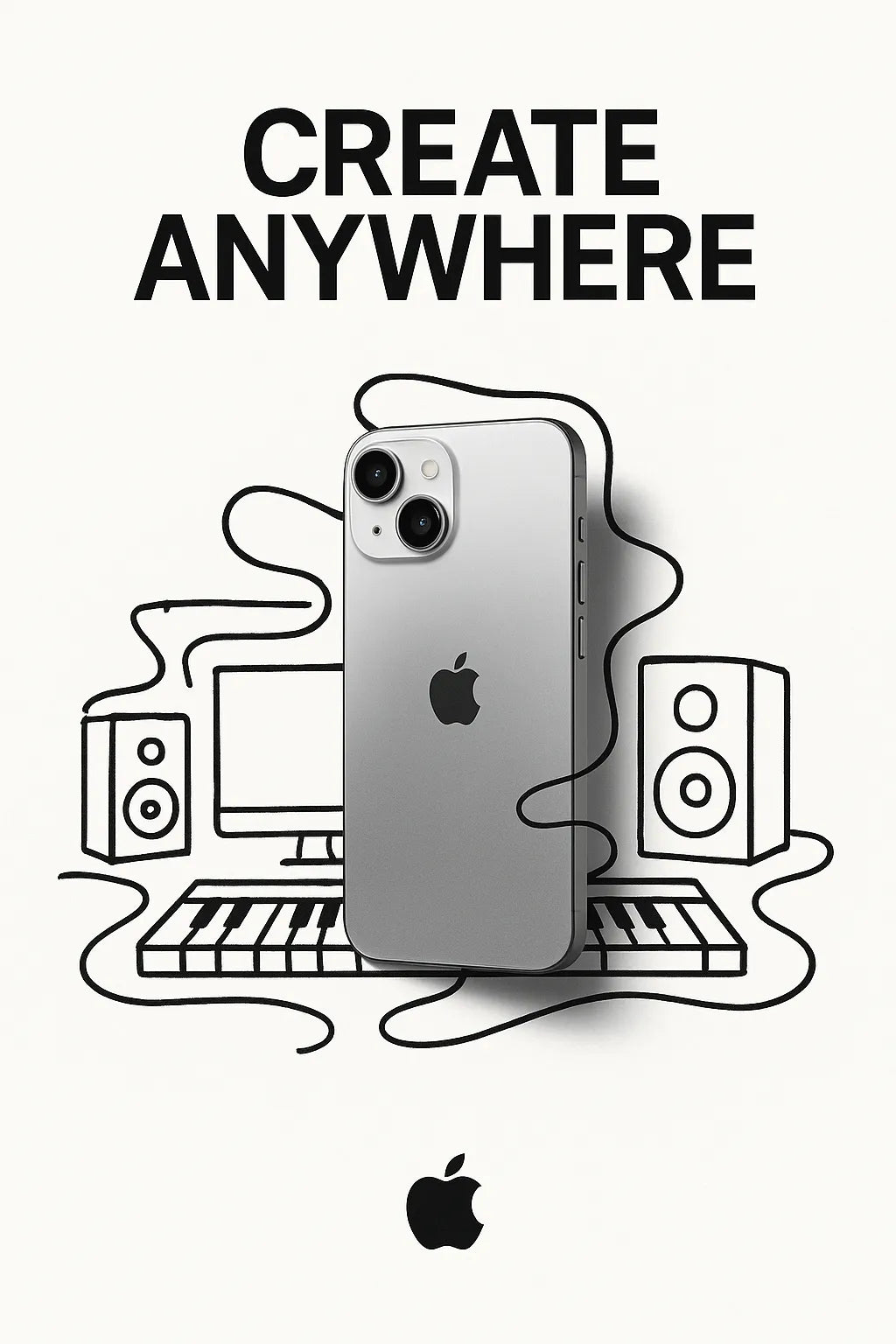 Example output from the Minimalist Ads With Doodle Objects ChatGPT prompt: clever real object and doodle ad mashups on white backgrounds. Apple.