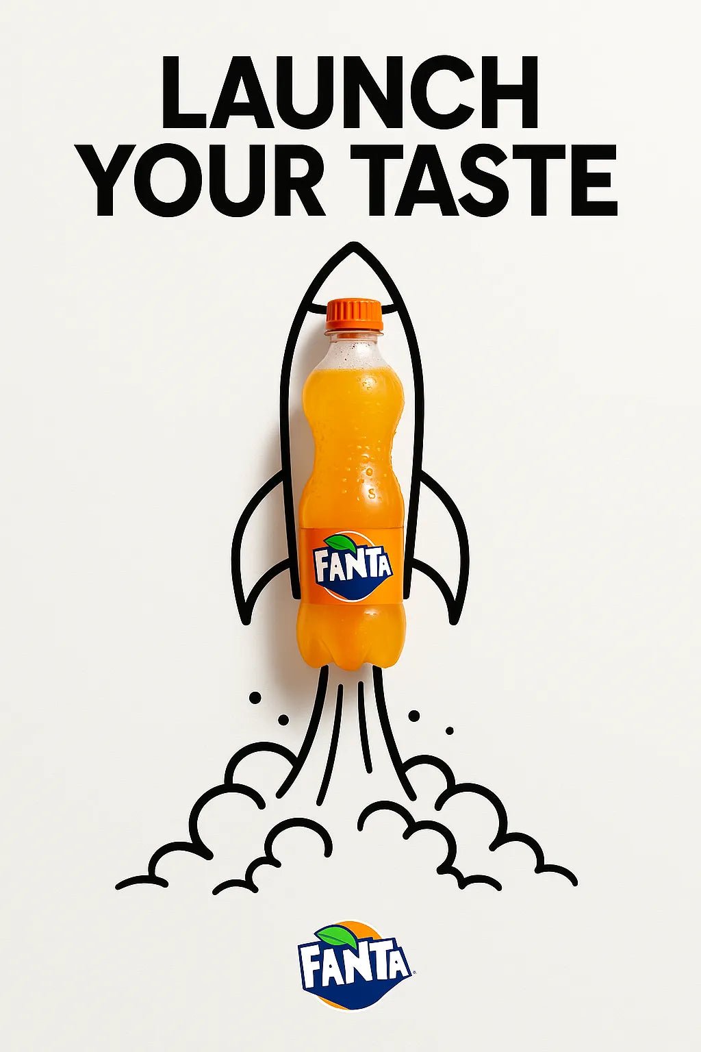 Example output from the Minimalist Ads With Doodle Objects ChatGPT prompt: clever real object and doodle ad mashups on white backgrounds. Fanta.