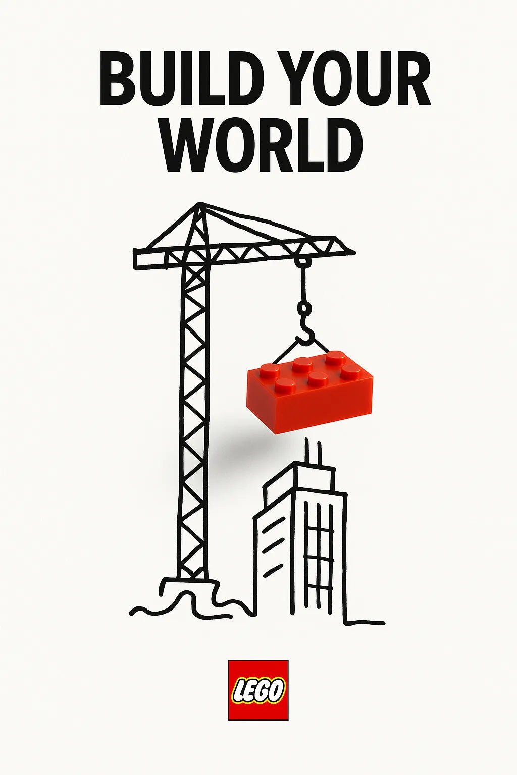 Example output from the Minimalist Ads With Doodle Objects ChatGPT prompt: clever real object and doodle ad mashups on white backgrounds. Lego.