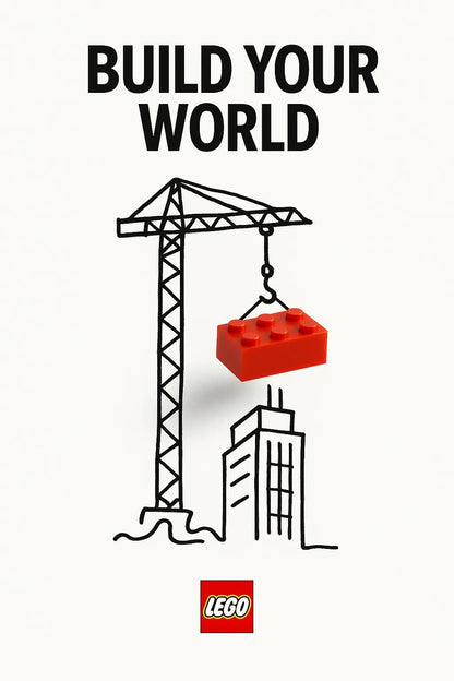 Example output from the Minimalist Ads With Doodle Objects ChatGPT prompt: clever real object and doodle ad mashups on white backgrounds. Lego.