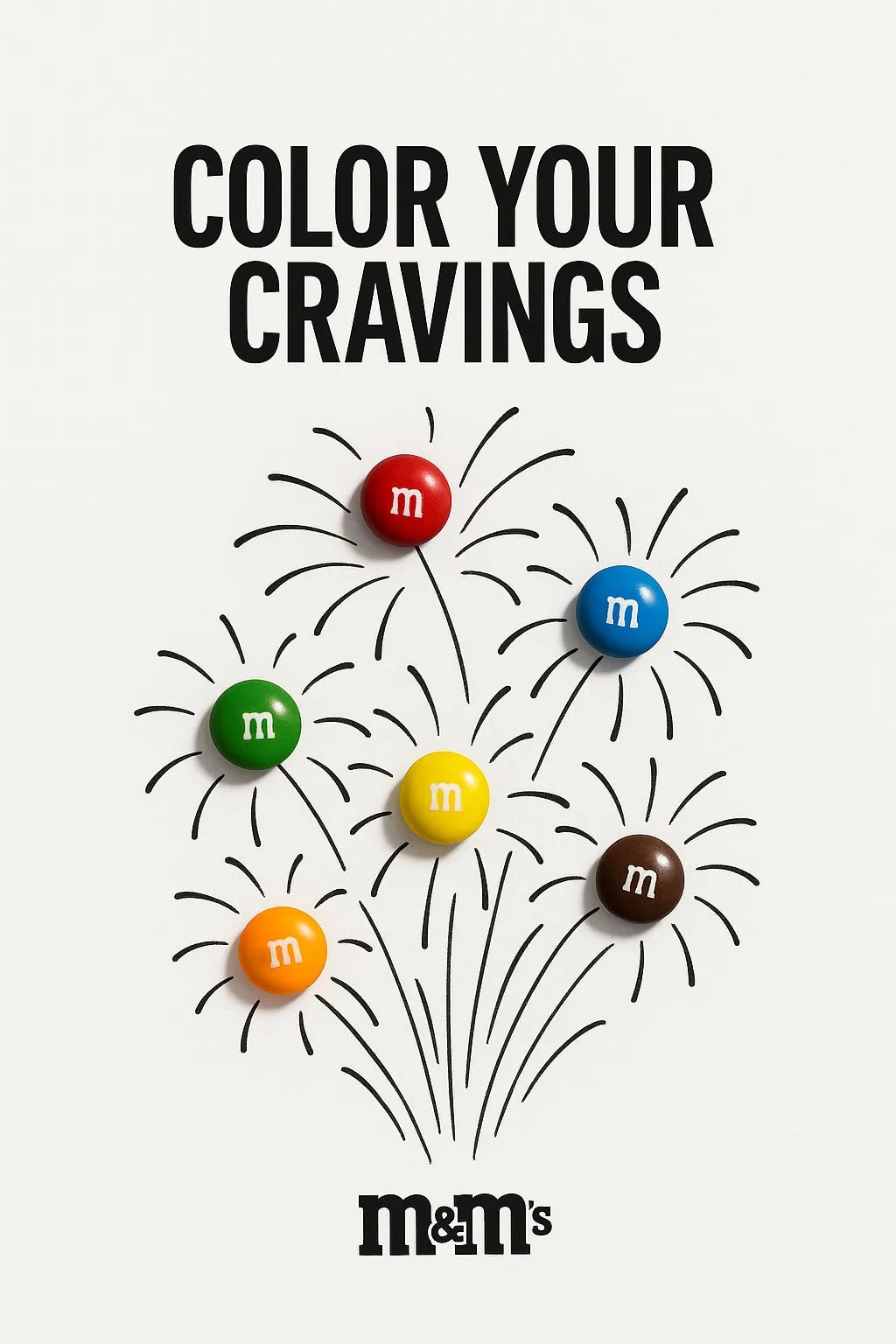Example output from the Minimalist Ads With Doodle Objects ChatGPT prompt: clever real object and doodle ad mashups on white backgrounds. M&M.