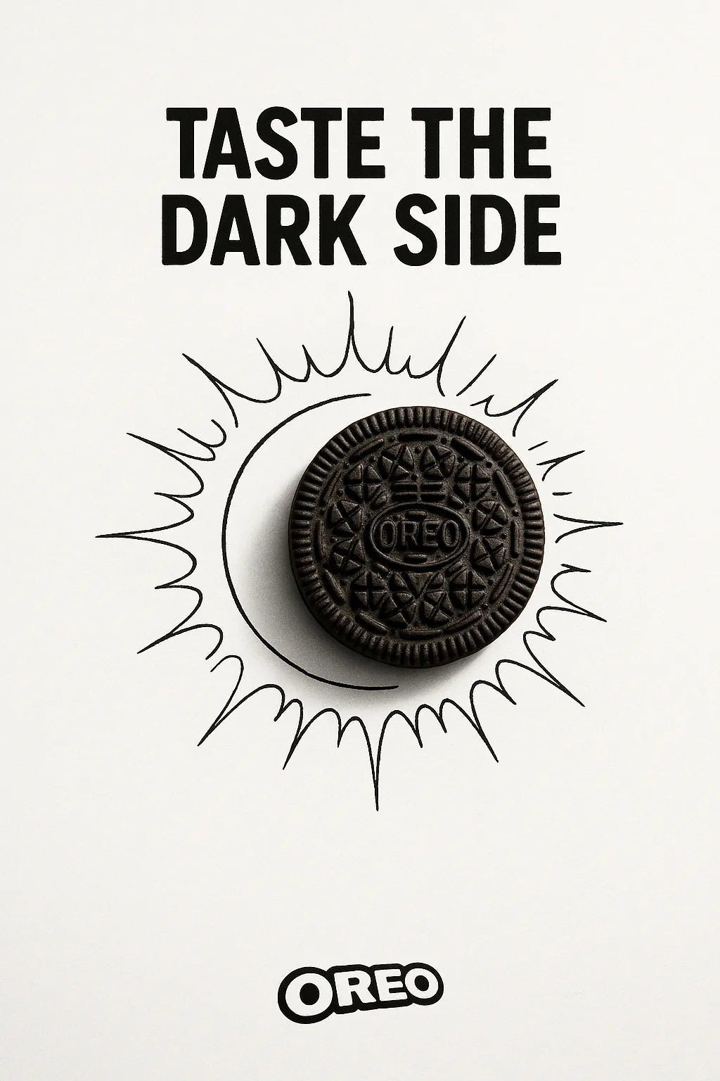 Example output from the Minimalist Ads With Doodle Objects ChatGPT prompt: clever real object and doodle ad mashups on white backgrounds. Oreo.