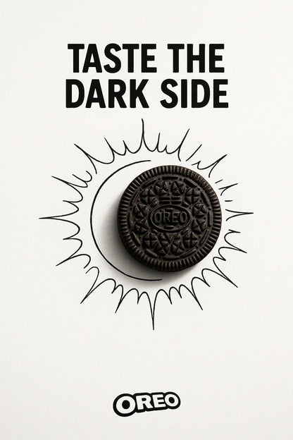Example output from the Minimalist Ads With Doodle Objects ChatGPT prompt: clever real object and doodle ad mashups on white backgrounds. Oreo.