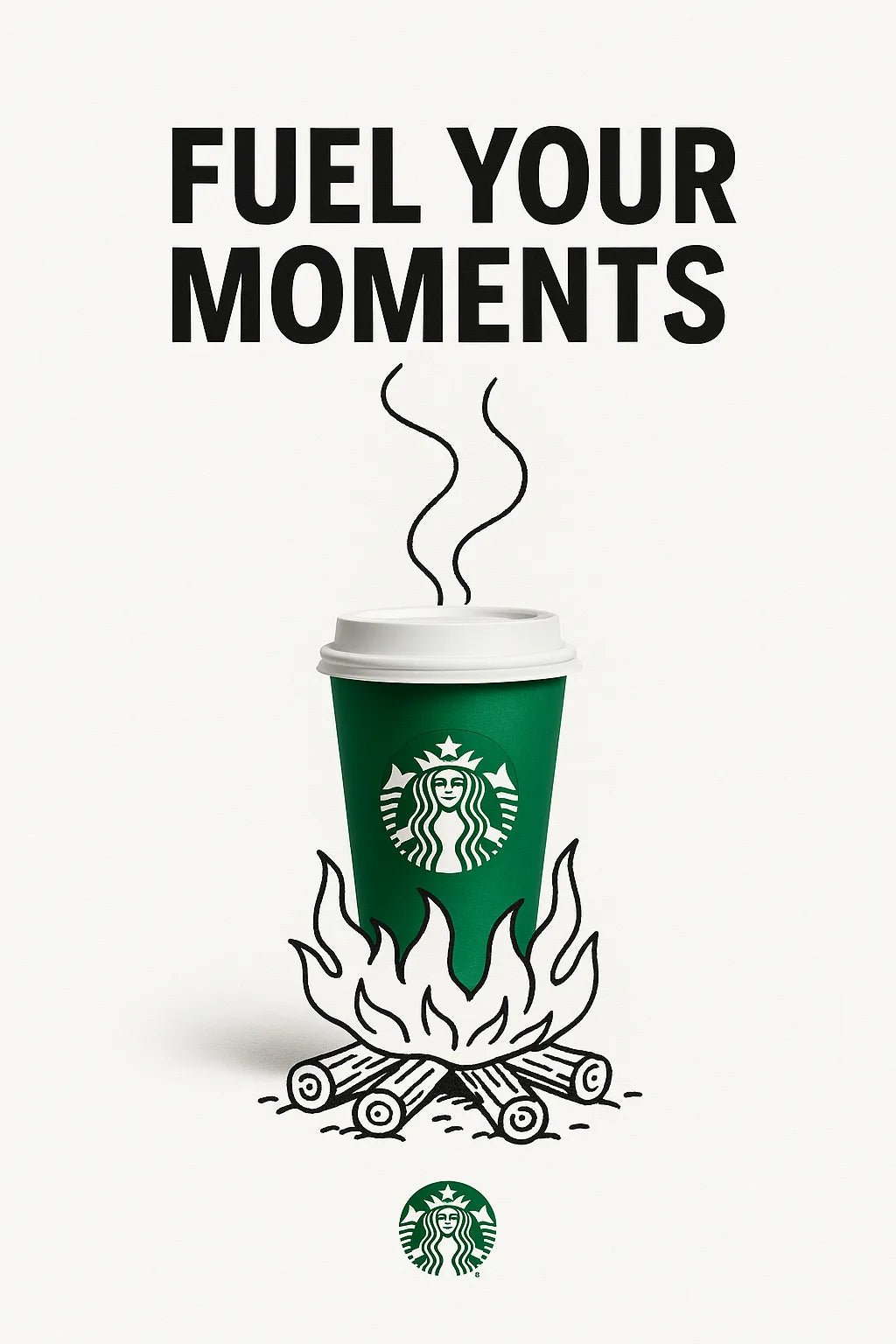 Example output from the Minimalist Ads With Doodle Objects ChatGPT prompt: clever real object and doodle ad mashups on white backgrounds. Starbucks.