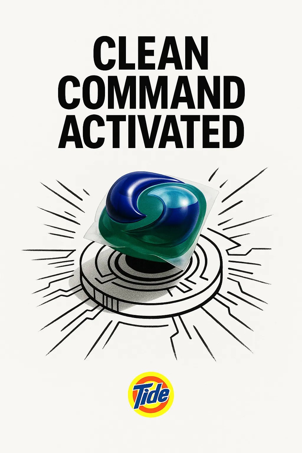 Example output from the Minimalist Ads With Doodle Objects ChatGPT prompt: clever real object and doodle ad mashups on white backgrounds. Tide.